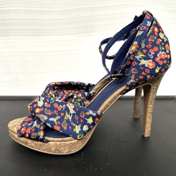 NWOT Finoni Navy Calico Pin-Up Cork Stiletto Heel Sandals Womens 6 - Picture 1 of 7